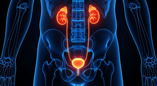Human urinary system anatomy kidneys bladder ureters 3d illustration, Description