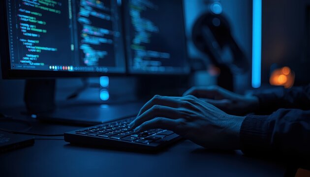 Close-up of hands typing on a computer keyboard with lines of code on screen programming keyboard computer developer software technology information internet business database algorithm