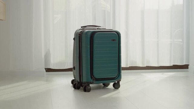Two travel suitcases rest by the window, waiting for the journey ahead. The light shines through the curtains, highlighting the luggage in the room.