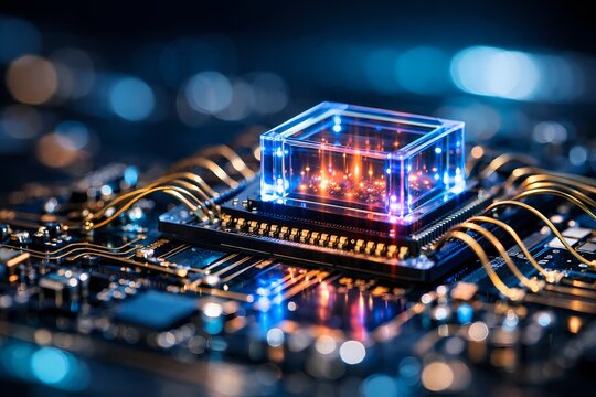 Futuristic glowing microchip processing data on a complex electronic motherboard suitable for advanced computing concepts artificial intelligence technology and cyber security