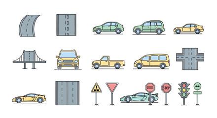 Obraz premium Collection of cars and road signs.