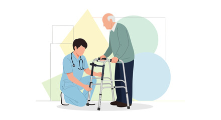 Fototapeta premium Nurse Assists Elderly Man with Walker, Promoting Mobility and Independence in Healthcare
