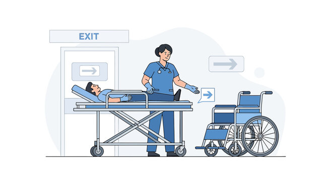 Nurse Assists Patient From Stretcher to Wheelchair Near Hospital Exit