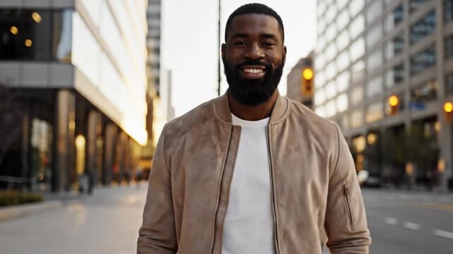 Man in bomber jacket walking in city at sunset