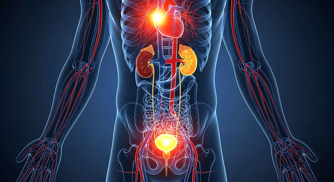 Human urinary system anatomy kidneys bladder heart vascular illustration