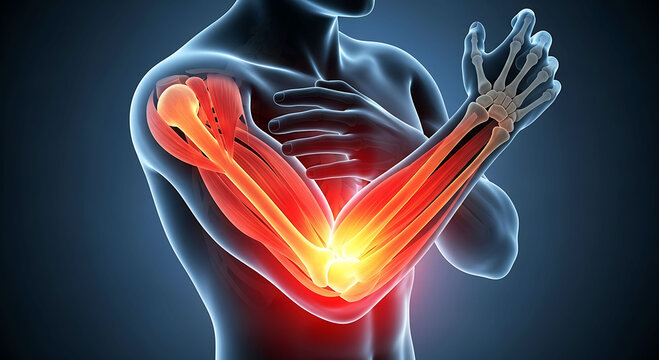 Human arm muscle anatomy elbow joint pain inflammation medical illustration