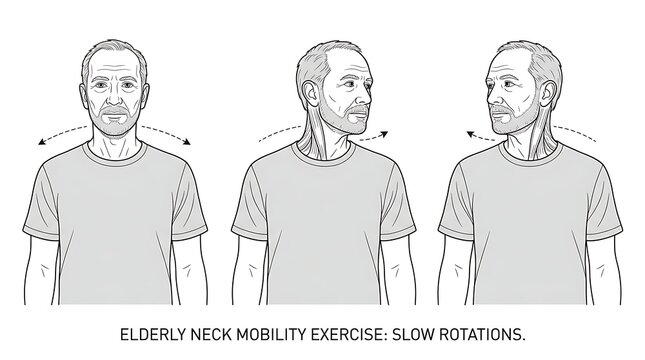 Physiotherapy for seniors neck range of motion exercise vector illustration, senior neck stretching, geriatric physiotherapy vector, cervical mobility icon