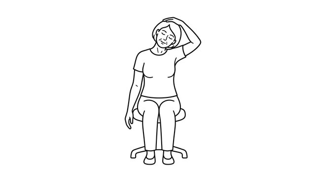 Physiotherapy for seniors neck lateral flexion simple vector art, geriatric physiotherapy, senior stretching, medical line art