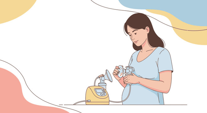 Mother using electric breast pump for baby feeding, modern motherhood, healthy lifestyle