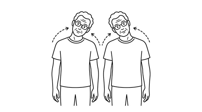 Geriatric physical therapy neck side bend exercise vector line art, geriatric physiotherapy, senior stretching, medical line art