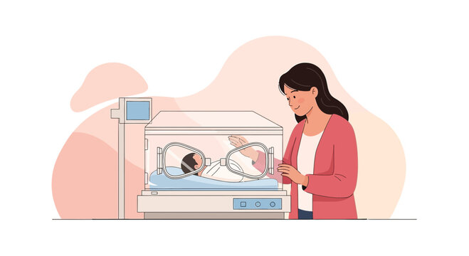 Mother watches newborn baby in incubator, neonatal intensive care unit (NICU)