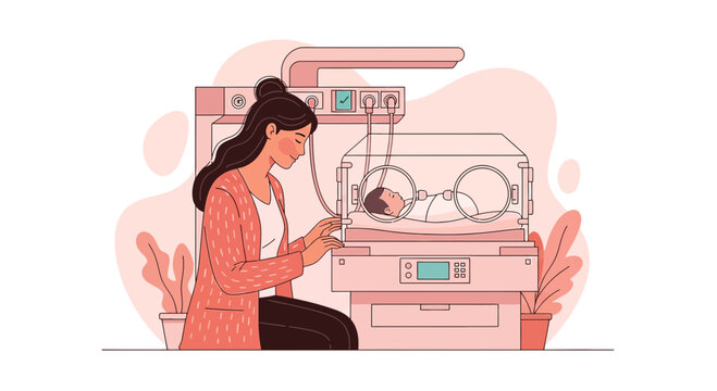 Mother watches newborn baby in incubator, neonatal intensive care unit, healthcare concept