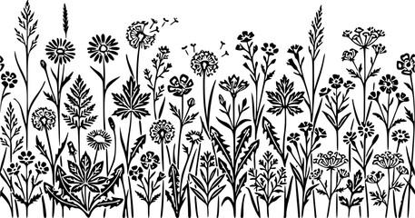 Black silhouette wildflower meadow panoramic landscape with dandelion daisy fern grass and botanical plants layered composition vector illustration © MDShakhawat
