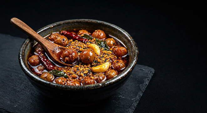 Dark moody food photography showcasing a savory bowl of classic Indian Ker pickle delight.