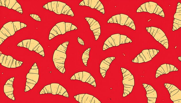 A vibrant red background with a repeating pattern of golden croissants