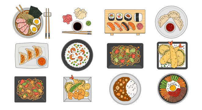 Collection of Japanese food illustrations including sushi ramen and gyoza