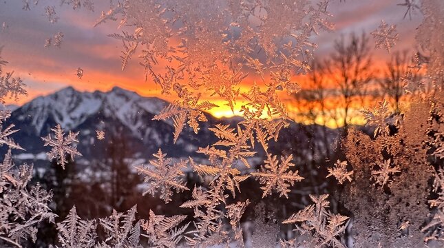Frosty snowflake patterns on a window with a mountain sunset view