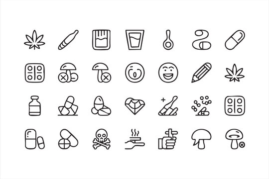 Drug and healthcare icon set, cannabis, pills, syringe, poison symbols collection for medical and addiction awareness use