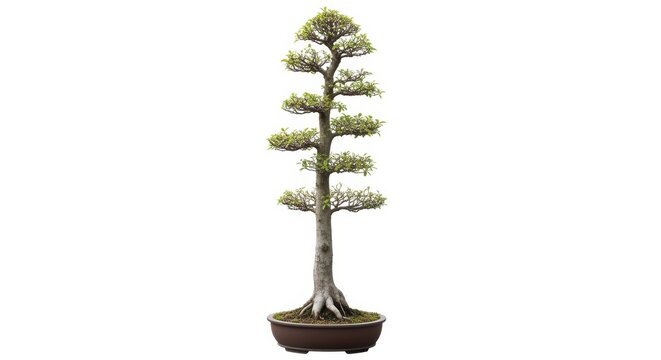 Japanese bonsai tree in ceramic pot, miniature evergreen pine tree isolated on white background, zen gardening and botanical art for interior design