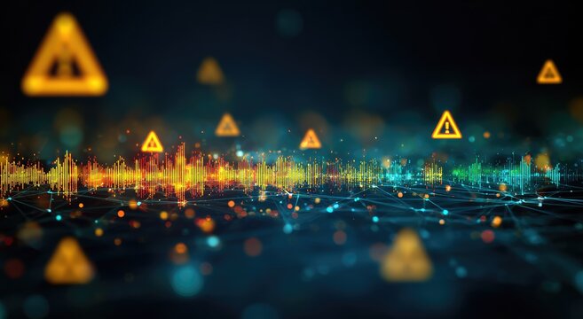 Abstract network with digital warning signs and glowing data streams