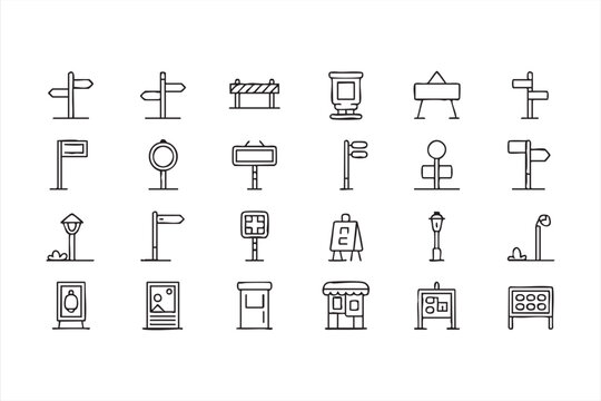 Wayfinding and navigation icons set, street signs, stop symbols, direction boards for public transport and city design