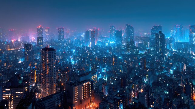 Neon-lit cityscape at night, glowing towers and urban sprawl