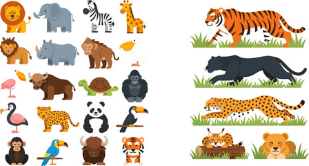 Colorful flat cartoon wild animal characters collection with detailed big cat tiger panther cheetah and lioness jungle scene vector illustration © MDShakhawat