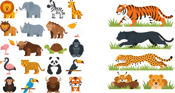 Colorful flat cartoon wild animal characters collection with detailed big cat tiger panther cheetah and lioness jungle scene vector illustration