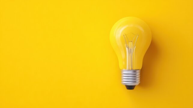 Classic incandescent light bulb on bright yellow background, symbolizing creativity and ideas.