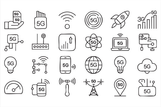 5G and telecom icons collection, wireless network, internet signal, cloud and communication technology