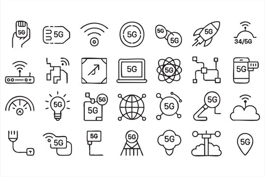 Mobile 5G network icons set, wireless signal, data connectivity and telecom infrastructure symbols