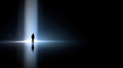 Fototapeta premium Dramatic blue white beam of light illuminates solitary silhouette standing on reflective surface in darkness.
