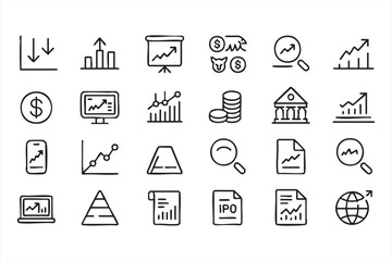 Fototapeta premium Business analytics and finance icon pack, growth charts, investment, trading and data analysis symbols