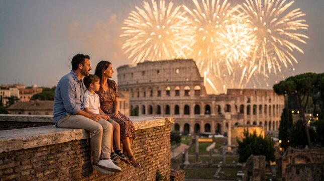A family of three sits atop a wall, gazing at vibrant fireworks exploding above the iconic Colosseum, creating an unforgettable travel memory in Rome