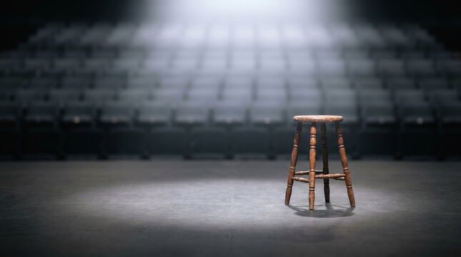 A lone wooden stool is dramatically lit by a spotlight on an empty theater stage, with blurred rows of vacant seats in the background, suggesting quiet anticipation before a show