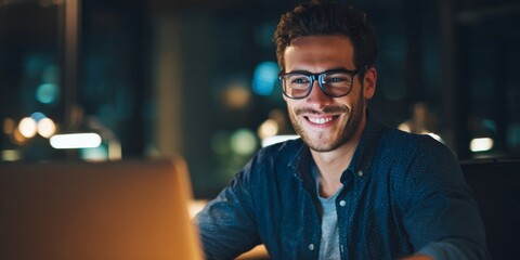 Fototapeta premium Young Man in Glasses Smiling at Desk with Laptop in Modern Office Setting During Evening, Warm Lights Casting Creative and Productive Atmosphere