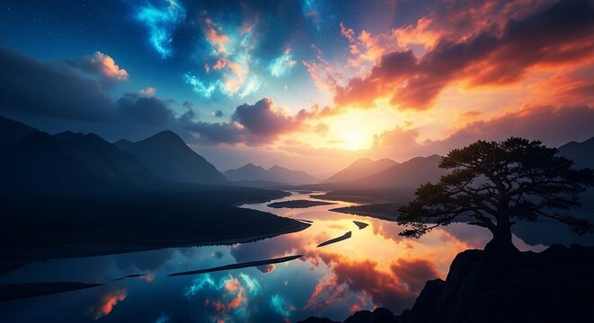 Dramatic sunset over mountain landscape