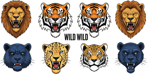 Wild big cat head portrait collection with roaring lion tiger cheetah and panther face tattoo graphic art style vector illustration © MDShakhawat
