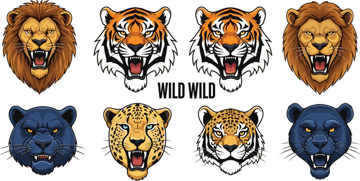 Wild big cat head portrait collection with roaring lion tiger cheetah and panther face tattoo graphic art style vector illustration