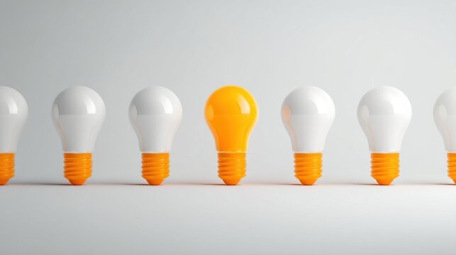 A row of seven sleek bulbs with six white and one vibrant orange, minimalist modern design on neutral background.