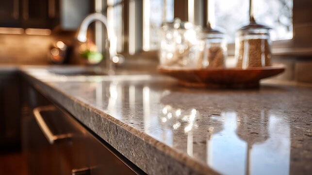 Modern kitchen countertop with granite surface and blurred background.