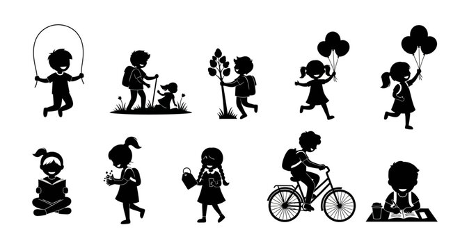 Set of Children Silhouettes Playing and Learning