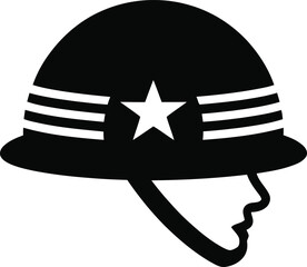 Naklejka premium Black and white of a soldier wearing a military helmet with a star emblem and stripes, isolated on a white background, representing army, defense, war, and military service