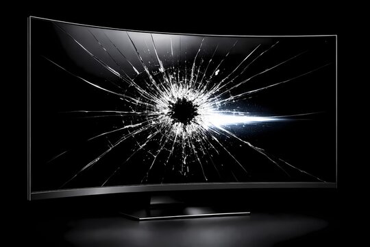 Modern curved computer monitor display with a heavily cracked and shattered screen on a dark background. High definition digital image suitable for tech blogs and repair promos.