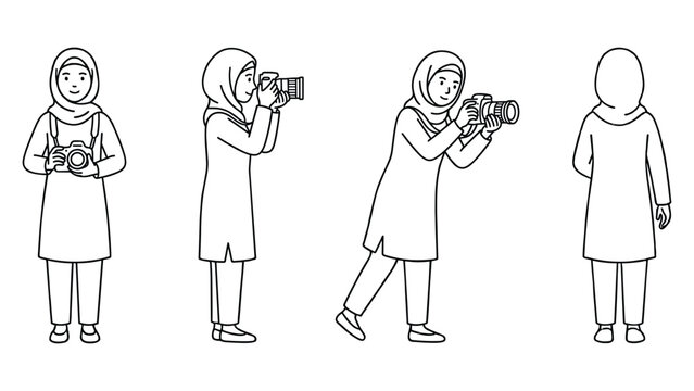 Photographer character sheet showing a young muslim woman in hijab holding a camera.