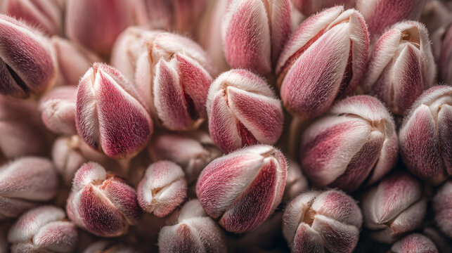 Close-up of buds of soft powdery tulips, located at the bottom of the generation, hundreds of pieces, in the background of a photo studio.