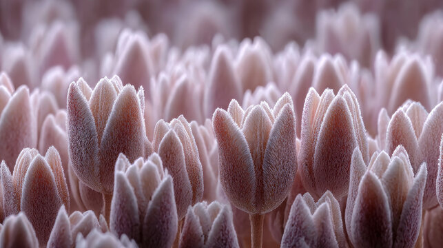 Close-up of buds of soft powdery tulips, located at the bottom of the generation, hundreds of pieces, in the background of a photo studio.