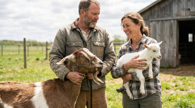 Mature Couple of Farmers Smiling While Holding Goats on Rural Farm