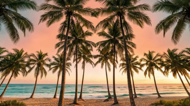 Serene tropical beach with palm trees at sunset, gentle ocean waves lapping the shore