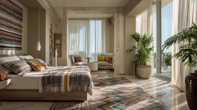 ultra wide angle showing bedroom and a small lounge corner in the same frame, travertine stone, light oak, woven textures, sheer linen curtains.